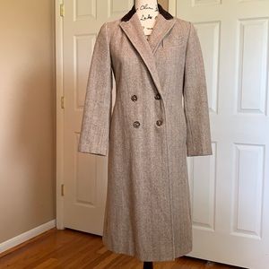 VINTAGE HERRINGBONE WOOL DRESS COAT MID-CALF LENGTH DARK BROWN VELVETEEN COLLAR